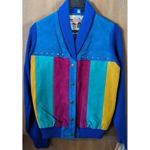 Vintage Women's Small Leather Patchwork Colorblock Sweater Jacket Retro New